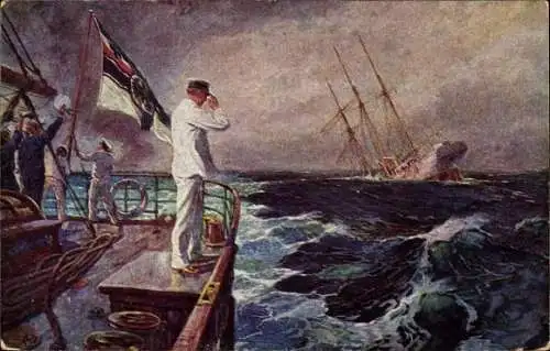 Künstler Ak Bohrdt, Hans, Der letzte Gruß, Kapitänleutnant Hellmuth von Mücke, SMS Emden, SMS Ayesha