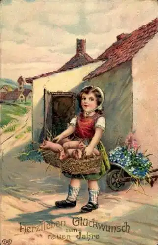 Ak Glückwunsch Neujahr, Mädchen mit Schweinen in einem Korb, Ferkel