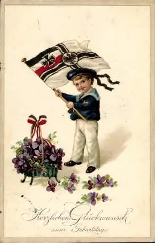 Präge Litho Glückwunsch Geburtstag, Junge als Seemann, Blumenkorb, Veilchen, Fahne, Patriotik