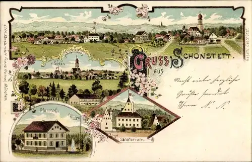 Litho Schonstett Schonstätt Oberbayern, Sanatorium, Pfarrhof, Totalansicht