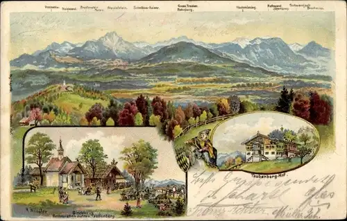 Künstler Ak Warngau in Oberbayern, Taubenberg Hof, Blockhaus, Gebirge