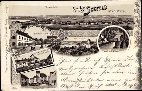 Litho Seefeld in Oberbayern, Schloss am See, Gasthaus zur Post, Totalansicht