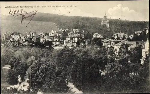 Ak Wiesbaden in Hessen, Nerotalanlagen mit Blick auf die Griechische Kirche