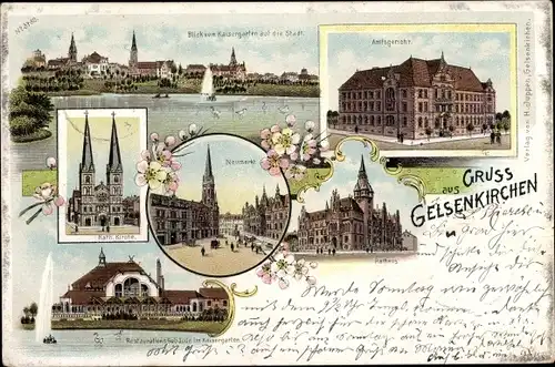 Litho Gelsenkirchen im Ruhrgebiet, Marktplatz, Neumarkt, Rathaus, Amtsgericht, Restauration