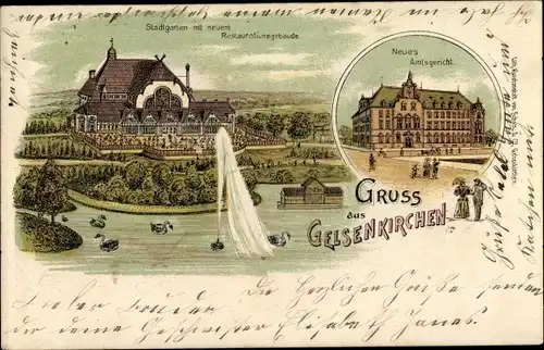 Litho Gelsenkirchen im Ruhrgebiet, Stadtgarten, Restaurationsgebäude, Neues Amtsgericht