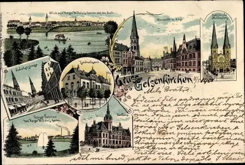 Litho Gelsenkirchen im Ruhrgebiet, Bahnhofstraße, Landratsamt, Moltkeplatz, Neumarkt, Post