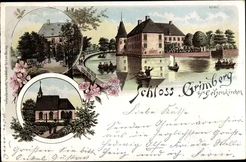 Litho Gelsenkirchen im Ruhrgebiet, Blick auf das Schloss Grimberg, Boote