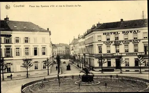 Ak Kortrijk Courtrai Westflandern, Place des Eperons d'Or, Rue du Chemin de Fer