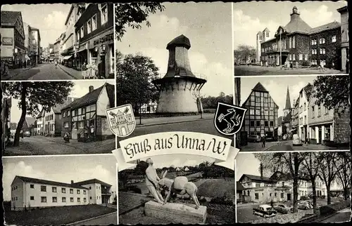 Ak Unna in Westfalen, Mühlenturm, Esels-Denkmal, Wappen, Straßenpartien