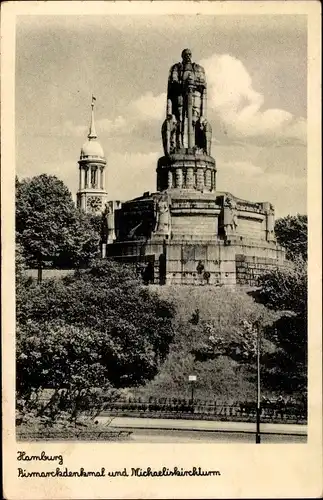 Ak Hamburg Mitte Altstadt, Bismarckdenkmal, Michaeliskirchturm