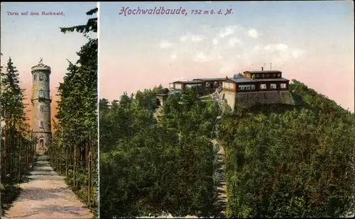 Ak Oybin in Sachsen, Turm und Bauden auf dem Hochwald