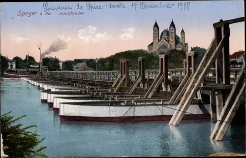 Ak Speyer a. Rhein, Blick zur Schiffbrücke, Kirche