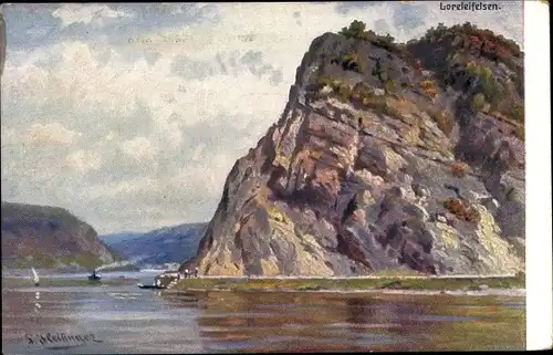 Künstler Ak St. Goarshausen am Rhein, Blick auf den Loreleifelsen
