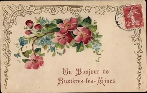 Präge Ak Buxières les Mines Allier, Blumenstrauß, Vergissmeinnicht