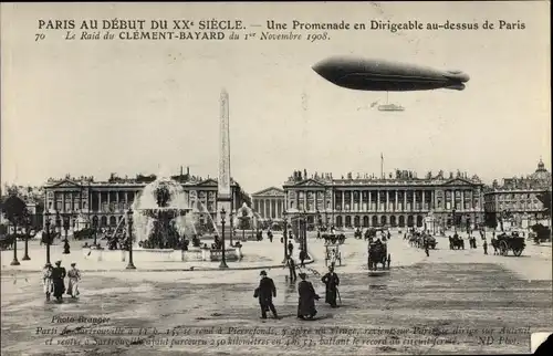 Ak Le Dirigeable Clement Bayard, Une Promenade au dessus de Paris, Place de la Concorde, Luftschiff