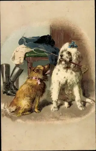 Litho Zwei Hunde, Spazierstock, Stiefel