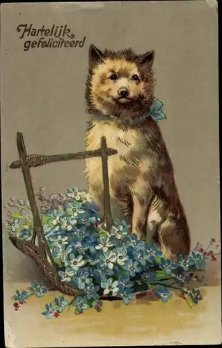 Ak Glückwunsch Geburtstag, Hartelijk gefeliciteerd, Hund mit Blumenkorb, Vergissmeinnicht