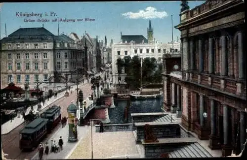 Ak Kaliningrad Königsberg Ostpreußen, Grüne Brücke mit Aufgang zur Börse, Straßenbahn