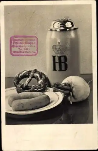 Foto Ak Starnberg in Oberbayern, Gasthof und Pension, Bierkrug, Brezel, Radi, Weißwurst