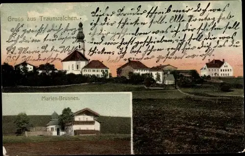 Ak Traunwalchen Traunreut Oberbayern, Gesamtansicht, Kirche, Marienbrunnen