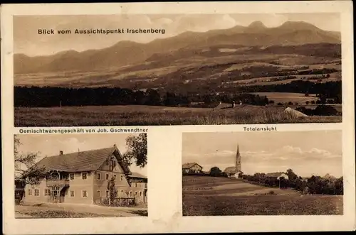 Ak Irschenberg in Oberbayern, Panorama vom Aussichtspunkt, Geschäftshaus, Kirche