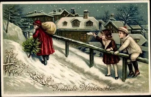 Litho Frohe Weihnachten, Weihnachtsmann, Tannenbaum, Kinder