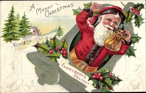Ak Frohe Weihnachten, Weihnachtsmann, Merry Christmas, Everybody's Delight, Stechpalmenzweige