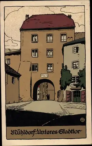 Steindruck Ak Mühldorf am Inn Oberbayern, Unteres Stadttor