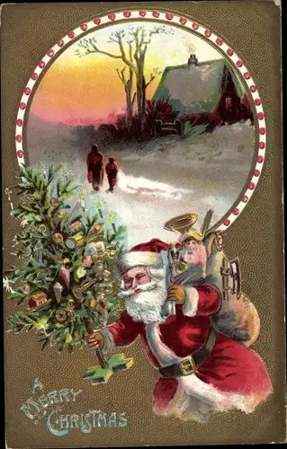 Ak Frohe Weihnachten, Merry Christmas, Weihnachtsmann, Tannenbaum, Geschenke