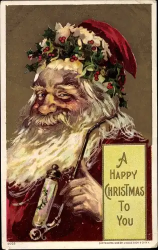 Ak Frohe Weihnachten, Happy Christmas, Weihnachtsmann mit Stechpalmenkranz, Pfeife