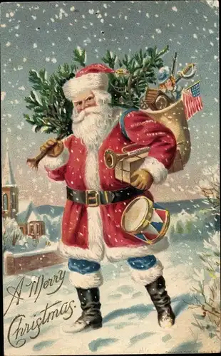 Präge Ak Frohe Weihnachten, Merry Christmas, Weihnachtsmann, Tannenbaum, Geschenke