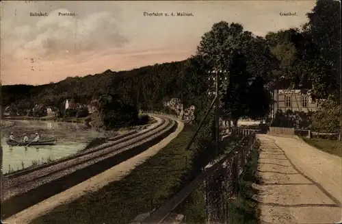 Ak Scheergrund Leisnig in Sachsen, Bahnschienen, Gasthof, Postamt, Bahnhof