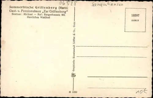 Ak Grillenberg Sangerhausen im Kreis Mansfeld Südharz, Gasthaus, Blick auf den Ort, Ruine