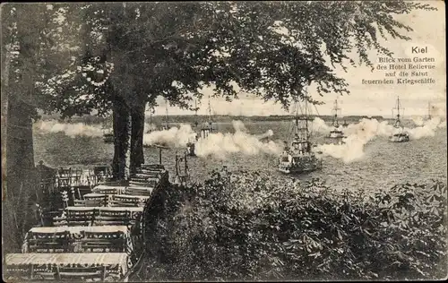 Ak Kiel in Schleswig Holstein, Hotel Bellevue, Blick auf deutsche Kriegsschiffe