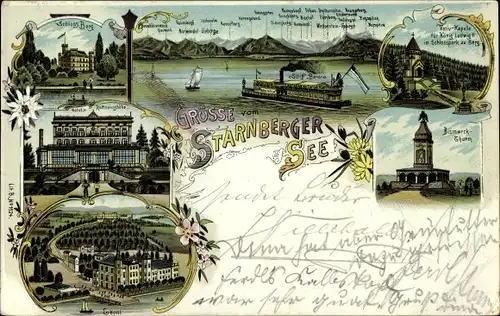 Litho Berg am Starnberger See in Oberbayern, Bismarckturm, Salondampfer, Leoni, Votivkapelle