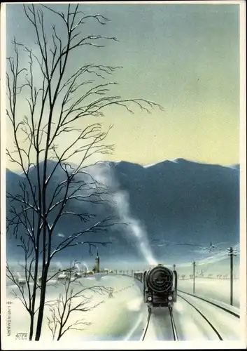 Ak Deutsche Eisenbahn, Dampflok im Winter