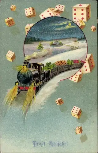 Präge Ak Glückwunsch Neujahr, Dampflok, Kleeblätter, Würfel