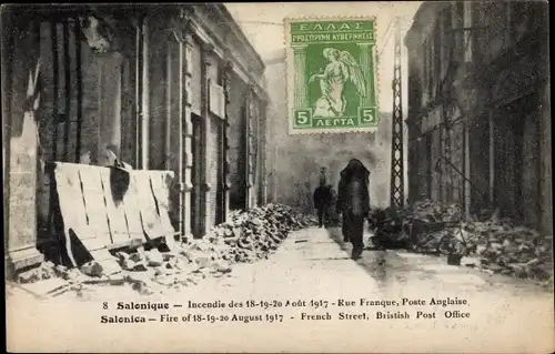 Ak Saloniki Thessaloniki Griechenland, Incendie 1917, Rue Franque, Poste Anglaise
