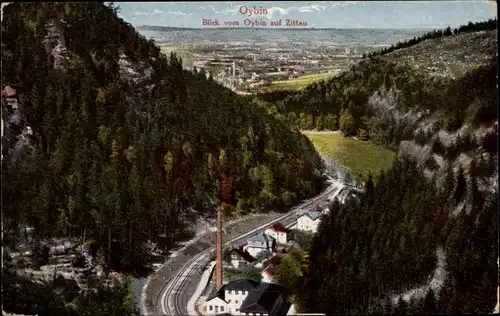 Ak Oybin in Sachsen, Blick nach Zittau, Tal mit Bahnstrecke