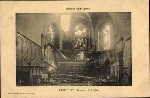 Ak Létricourt Meurthe et Moselle, zerstörtes Kircheninneres