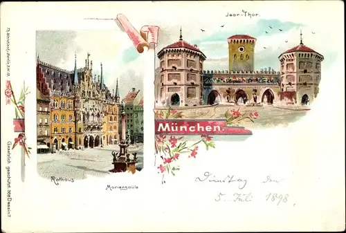 Litho München Bayern, Isartor, Mariensäule, Rathaus