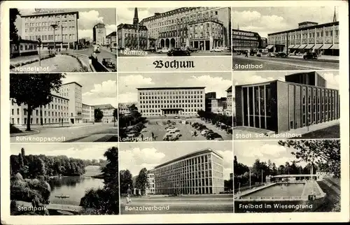 Ak Bochum im Ruhrgebiet, Handelshof, Rathaus, Stadtbad, Ruhrknappschaft, Landgericht, Schauspielhaus