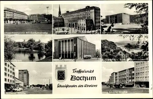 Ak Bochum im Ruhrgebiet, Rathaus, Schauspielhaus, Bergbaumuseum, Straßenpartien