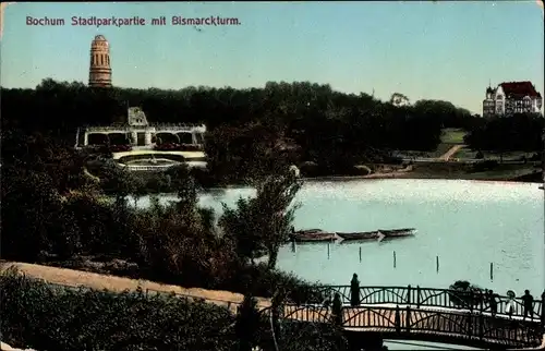 Ak Bochum im Ruhrgebiet, Stadtparkpartie mit Bismarckturm