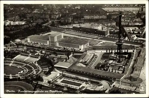 Ak Berlin Charlottenburg, Fliegeraufnahme, Ausstellungsgelände, Funkturm