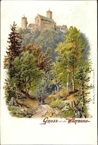 Litho Lutherstadt Eisenach in Thüringen, Blick zur Wartburg, Waldweg