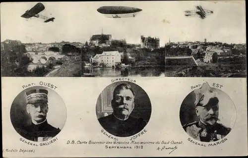 Ak Grandes Manoeuvres du Sud Ouest 1912, Gallieni, Joffre, Marion, Luftschiff, Flugzeuge
