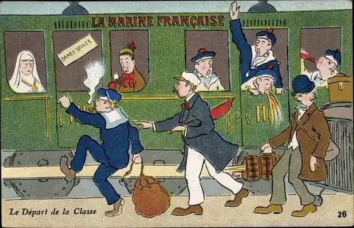 Ak La Marine Francaise, le Depart de la Classe, Seeleute, Eisenbahn, Matrose übergibt sich