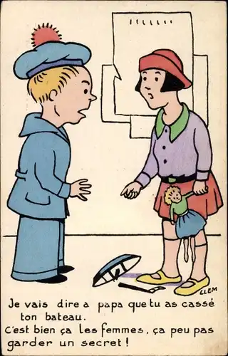 Ak Je vais dire a papa que tu as casse ton bateau, Junge im Matrosenanzug, kaputtes Modellboot