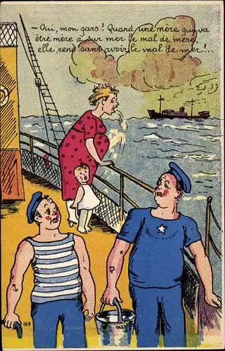 Ak Schwangere Frau ist seekrank, Seeleute, Dampfer